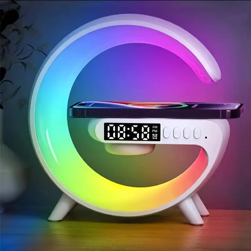 G Shaped Colourful Speaker Light Audio Clock Alarm Wireless Phone Charger Lamp